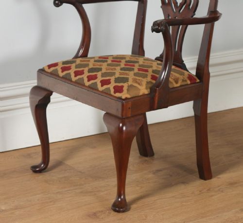 fig 3. Antique English Pair of Georgian Chippendale Style Mahogany Library Office Desk Carver Arm Side Chairs (Circa 1900)