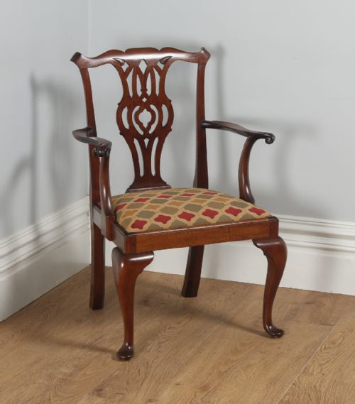 fig 6. Antique English Pair of Georgian Chippendale Style Mahogany Library Office Desk Carver Arm Side Chairs (Circa 1900)