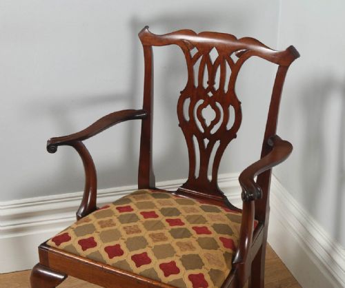 fig 7. Antique English Pair of Georgian Chippendale Style Mahogany Library Office Desk Carver Arm Side Chairs (Circa 1900)