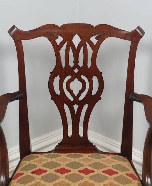 fig 8. Antique English Pair of Georgian Chippendale Style Mahogany Library Office Desk Carver Arm Side Chairs (Circa 1900)