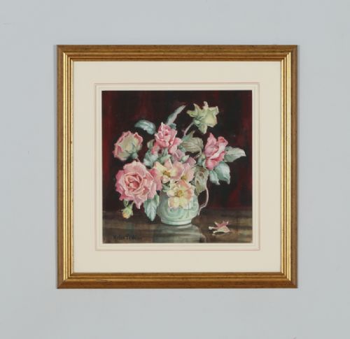 Antique English Watercolour Painting of Flowers in a Vase by Helen Seddon (Circa 1930)