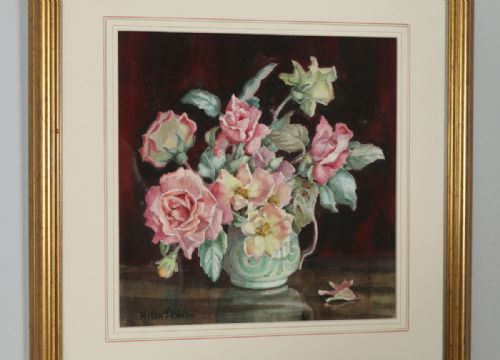 fig 1. Antique English Watercolour Painting of Flowers in a Vase by Helen Seddon (Circa 1930)