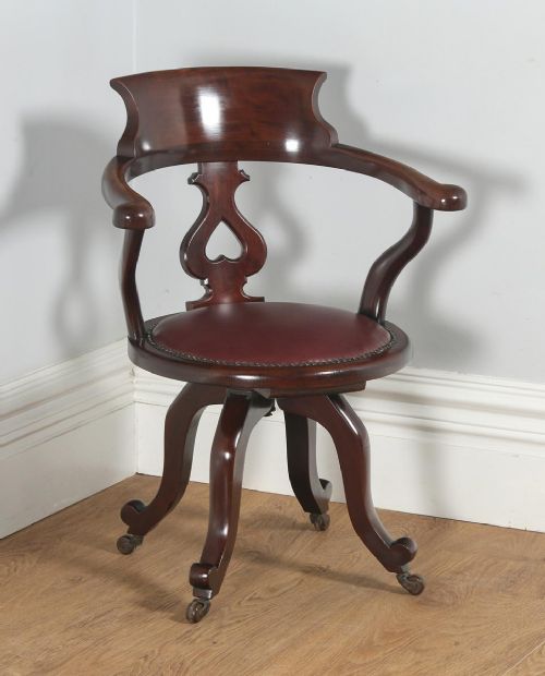 Antique English Victorian Mahogany & Burgundy Red Leather Revolving Office Desk Arm Chair (Circa 1870)