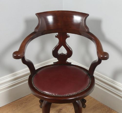 fig 1. Antique English Victorian Mahogany & Burgundy Red Leather Revolving Office Desk Arm Chair (Circa 1870)