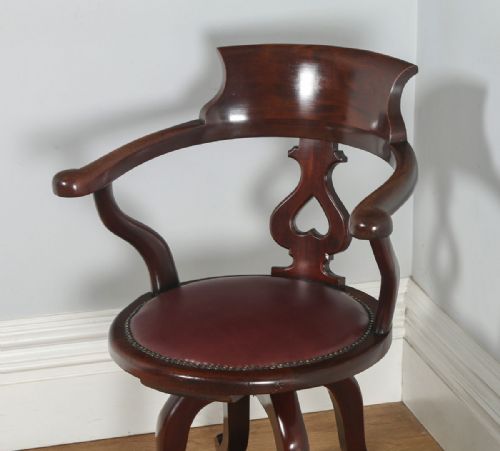 fig 4. Antique English Victorian Mahogany & Burgundy Red Leather Revolving Office Desk Arm Chair (Circa 1870)