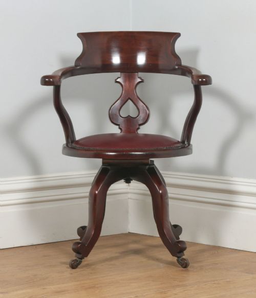 fig 6. Antique English Victorian Mahogany & Burgundy Red Leather Revolving Office Desk Arm Chair (Circa 1870)