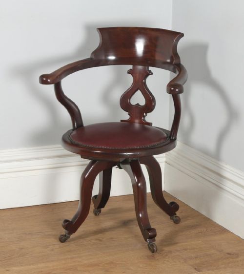 fig 7. Antique English Victorian Mahogany & Burgundy Red Leather Revolving Office Desk Arm Chair (Circa 1870)