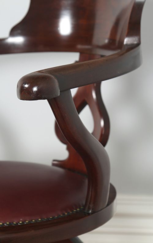 fig 8. Antique English Victorian Mahogany & Burgundy Red Leather Revolving Office Desk Arm Chair (Circa 1870)