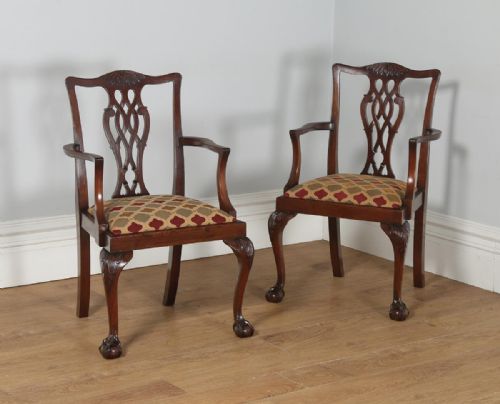 Antique English Pair of Georgian Chippendale Style Mahogany Library Office Desk Armchairs (Circa 1900)