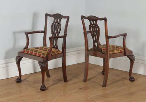 fig 1. Antique English Pair of Georgian Chippendale Style Mahogany Library Office Desk Armchairs (Circa 1900)