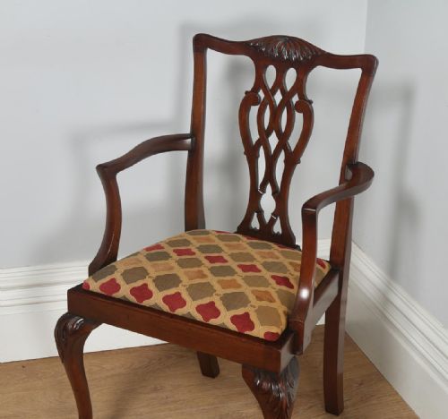 fig 5. Antique English Pair of Georgian Chippendale Style Mahogany Library Office Desk Armchairs (Circa 1900)