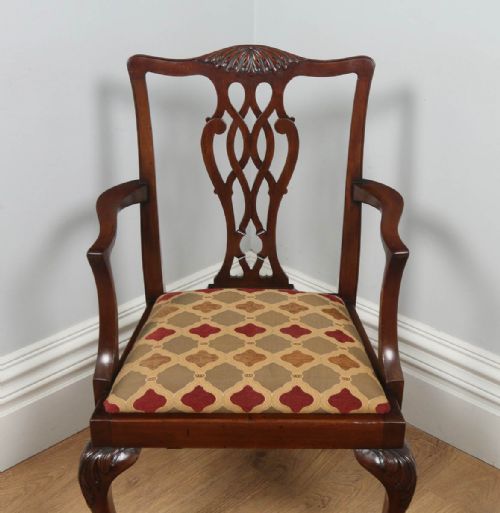fig 7. Antique English Pair of Georgian Chippendale Style Mahogany Library Office Desk Armchairs (Circa 1900)