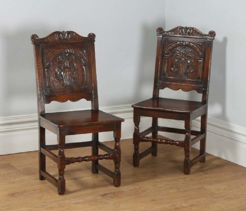 Antique English Pair of 17th Century Style Oak Wainscot Hall / Side Chairs (Circa 1920)