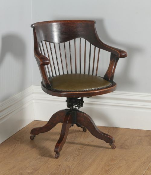 Antique English Victorian Oak Revolving Office Desk Green Leather Arm Chair (Circa 1880)