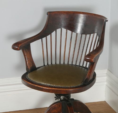 fig 1. Antique English Victorian Oak Revolving Office Desk Green Leather Arm Chair (Circa 1880)