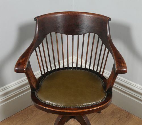 fig 2. Antique English Victorian Oak Revolving Office Desk Green Leather Arm Chair (Circa 1880)