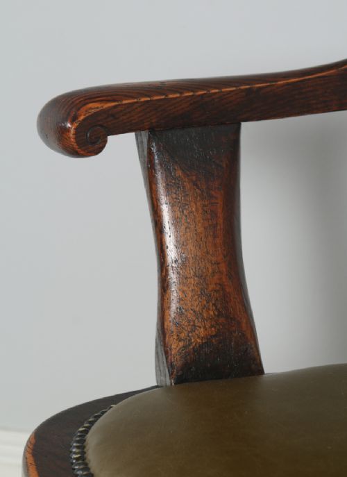 fig 4. Antique English Victorian Oak Revolving Office Desk Green Leather Arm Chair (Circa 1880)