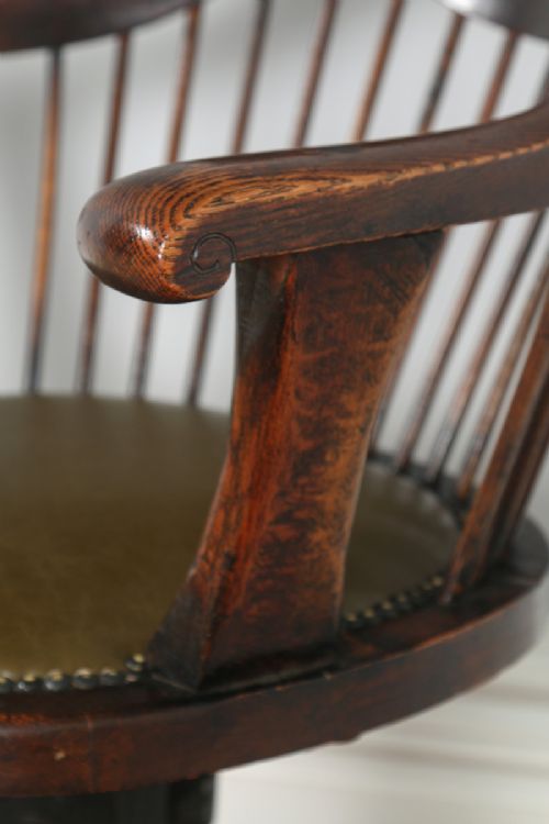 fig 5. Antique English Victorian Oak Revolving Office Desk Green Leather Arm Chair (Circa 1880)