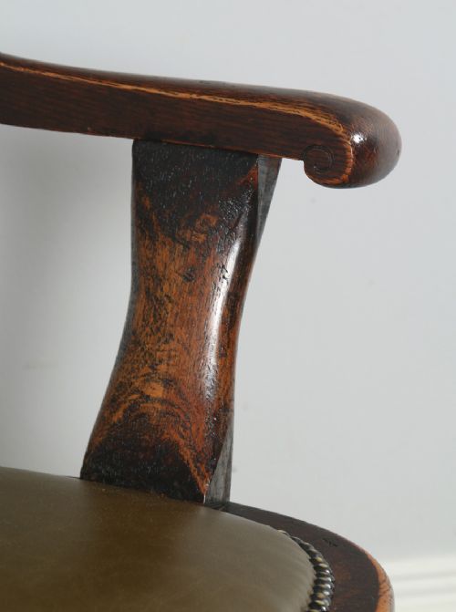 fig 6. Antique English Victorian Oak Revolving Office Desk Green Leather Arm Chair (Circa 1880)