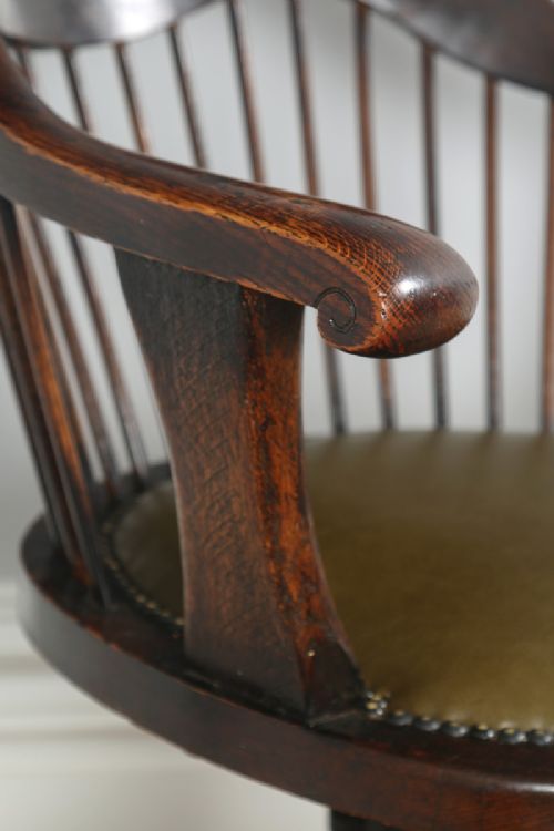 fig 7. Antique English Victorian Oak Revolving Office Desk Green Leather Arm Chair (Circa 1880)