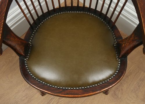 fig 8. Antique English Victorian Oak Revolving Office Desk Green Leather Arm Chair (Circa 1880)