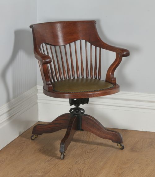 Antique English Victorian Oak Revolving Office Desk Green Leather Arm Chair (Circa 1880)