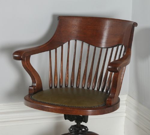 fig 1. Antique English Victorian Oak Revolving Office Desk Green Leather Arm Chair (Circa 1880)