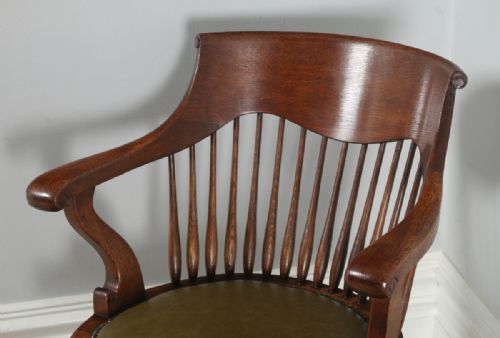 fig 2. Antique English Victorian Oak Revolving Office Desk Green Leather Arm Chair (Circa 1880)