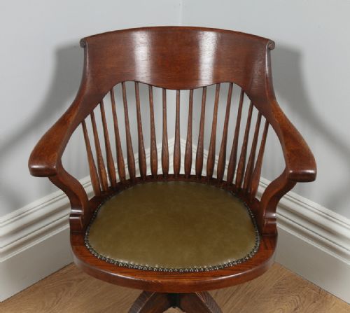 fig 3. Antique English Victorian Oak Revolving Office Desk Green Leather Arm Chair (Circa 1880)