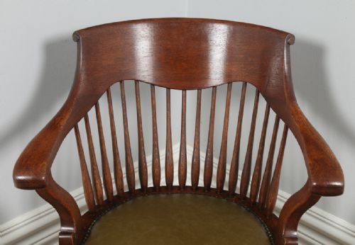 fig 4. Antique English Victorian Oak Revolving Office Desk Green Leather Arm Chair (Circa 1880)