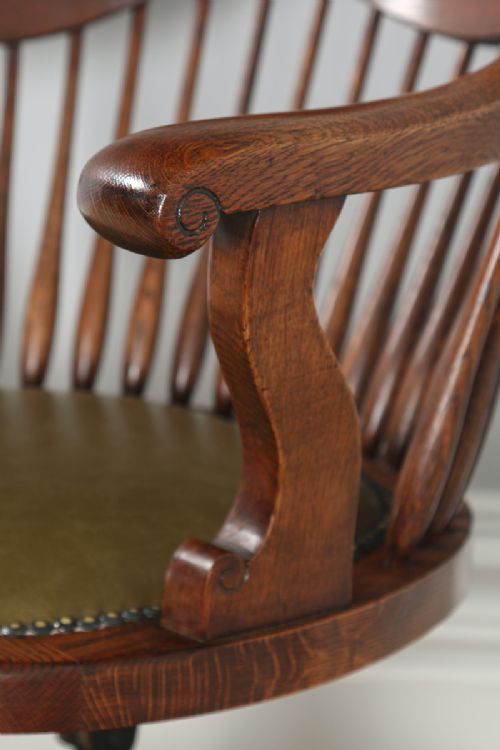 fig 6. Antique English Victorian Oak Revolving Office Desk Green Leather Arm Chair (Circa 1880)
