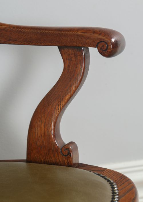 fig 7. Antique English Victorian Oak Revolving Office Desk Green Leather Arm Chair (Circa 1880)