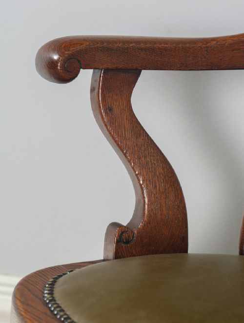 fig 8. Antique English Victorian Oak Revolving Office Desk Green Leather Arm Chair (Circa 1880)