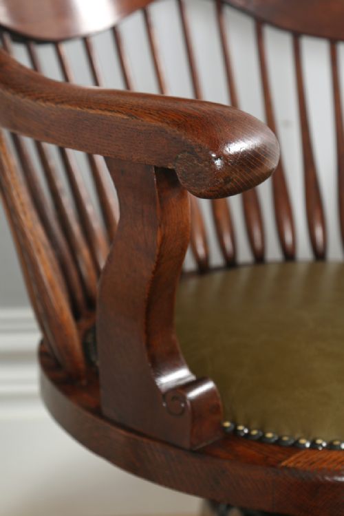 fig 9. Antique English Victorian Oak Revolving Office Desk Green Leather Arm Chair (Circa 1880)