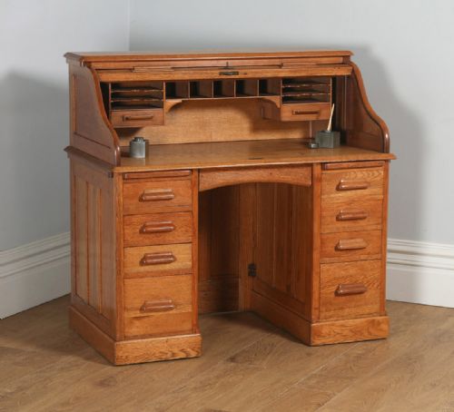 Antique English Edwardian Oak Roll Top Rolltop Pedestal Office Writing Desk (Circa 1910)