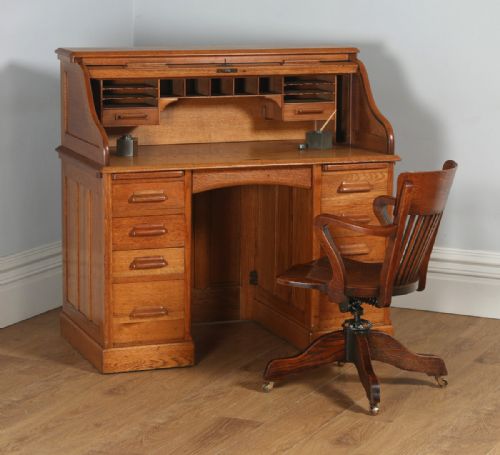 fig 1. Antique English Edwardian Oak Roll Top Rolltop Pedestal Office Writing Desk (Circa 1910)