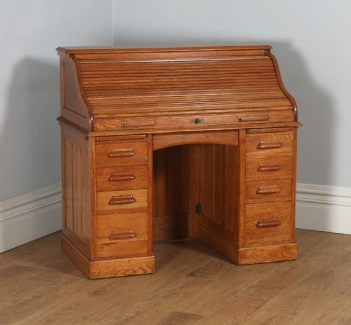 fig 2. Antique English Edwardian Oak Roll Top Rolltop Pedestal Office Writing Desk (Circa 1910)