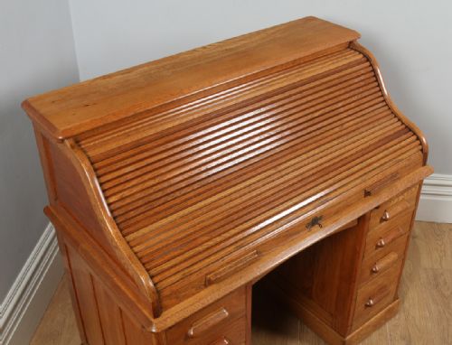 fig 3. Antique English Edwardian Oak Roll Top Rolltop Pedestal Office Writing Desk (Circa 1910)
