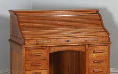 fig 4. Antique English Edwardian Oak Roll Top Rolltop Pedestal Office Writing Desk (Circa 1910)