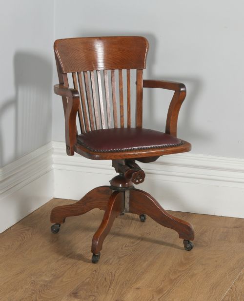 Antique English Edwardian Oak Revolving Office Armchair (Circa 1910)