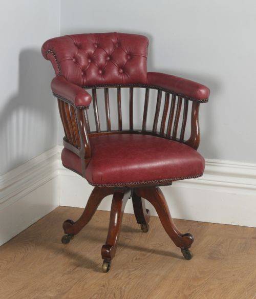Antique Victorian Mahogany & Crimson Red Leather Revolving Captains Office Desk Arm Chair (Circa 1870)