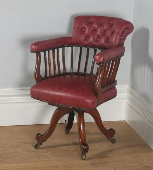 fig 1. Antique Victorian Mahogany & Crimson Red Leather Revolving Captains Office Desk Arm Chair (Circa 1870)
