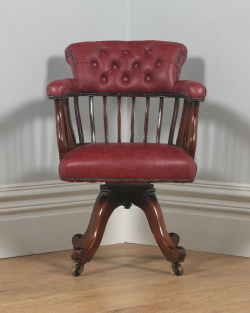 fig 2. Antique Victorian Mahogany & Crimson Red Leather Revolving Captains Office Desk Arm Chair (Circa 1870)