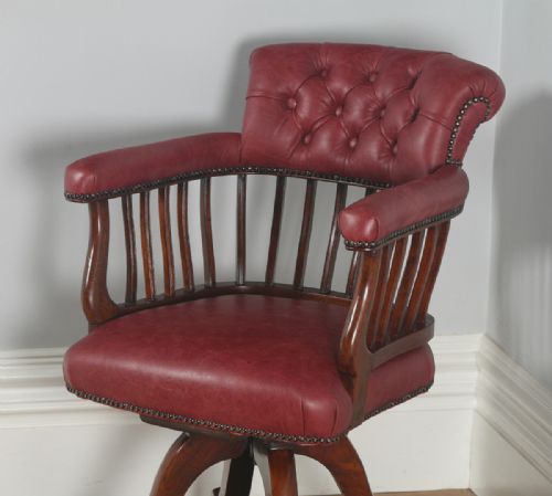 fig 3. Antique Victorian Mahogany & Crimson Red Leather Revolving Captains Office Desk Arm Chair (Circa 1870)