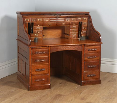 Antique English Victorian Oak Roll Top Pedestal Office Desk (Circa 1890)