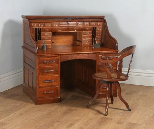 fig 1. Antique English Victorian Oak Roll Top Pedestal Office Desk (Circa 1890)