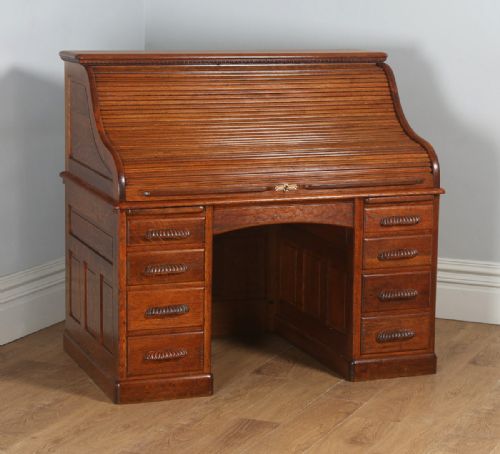 fig 2. Antique English Victorian Oak Roll Top Pedestal Office Desk (Circa 1890)
