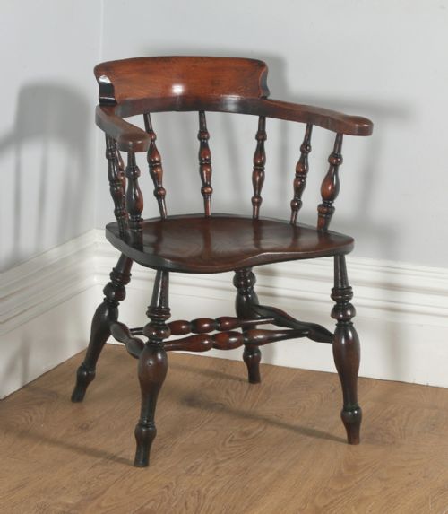 Antique English Victorian Ash & Elm Smokers’ Bow Office Desk Arm Chair (Circa 1880)