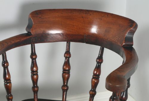 fig 1. Antique English Victorian Ash & Elm Smokers’ Bow Office Desk Arm Chair (Circa 1880)