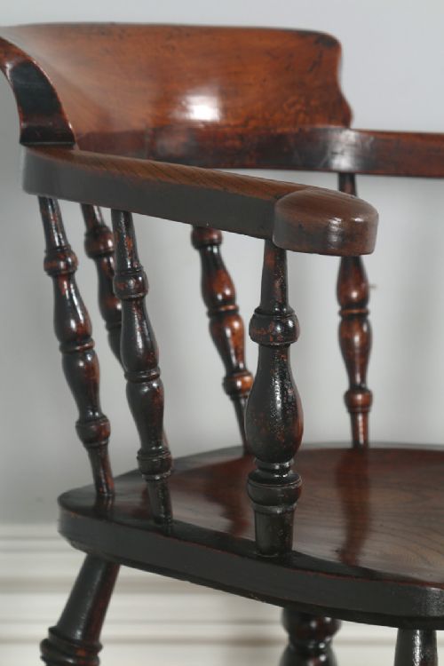 fig 6. Antique English Victorian Ash & Elm Smokers’ Bow Office Desk Arm Chair (Circa 1880)
